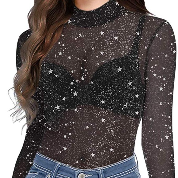Tops - Black Silver Mesh Top Long Sleeve Glitter Sheer